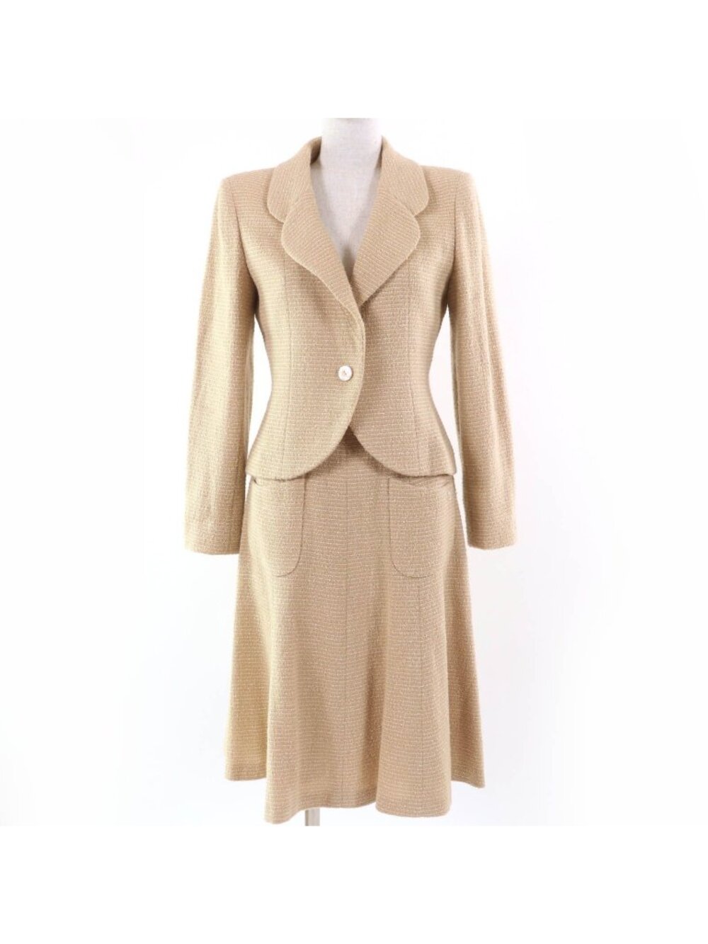 Chanel Vintage 02C CC Logo Tweed Jacket Skirt Set Beige 38